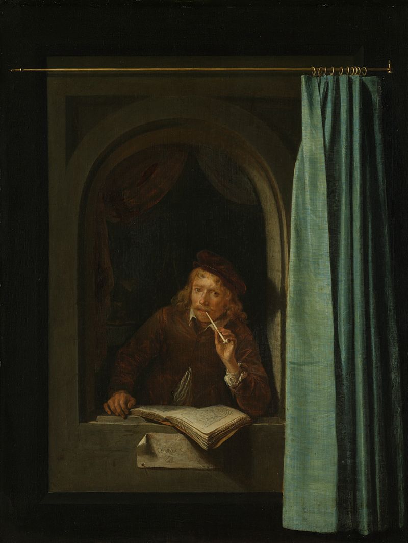 Young man smoking a pipe, oil on panel by Gerard Dou