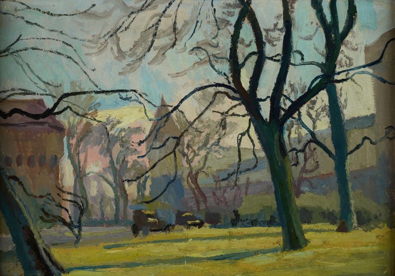 Oil painting by Stanisław Kamocki depicting autumn leaves in Planty Park.