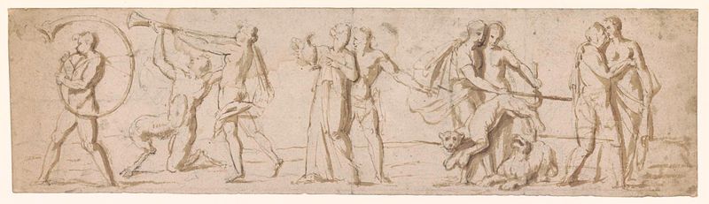 Optocht van bacchanten de Nicolas Poussin, óleo sobre tela que retrata uma procissão mitológica.