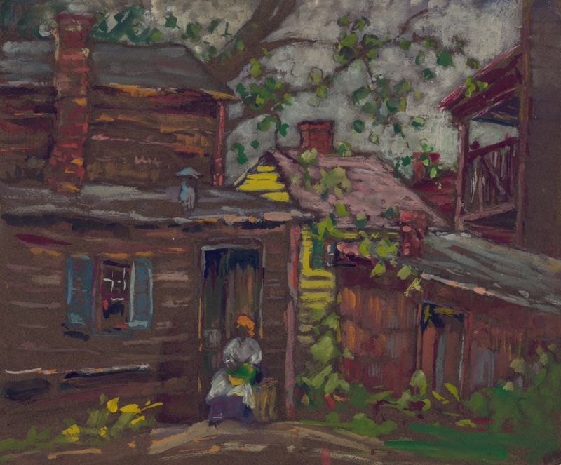 Portrait of an African American person in a doorway, oil painting by Susan Brown Chase