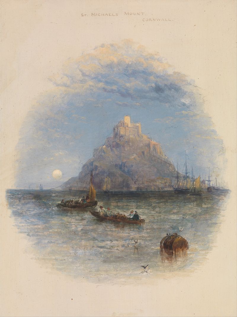 St. Michael’s Mount, Cornwall by Thomas Creswick, oil on canvas depicting rocky shore and tranquil waves.