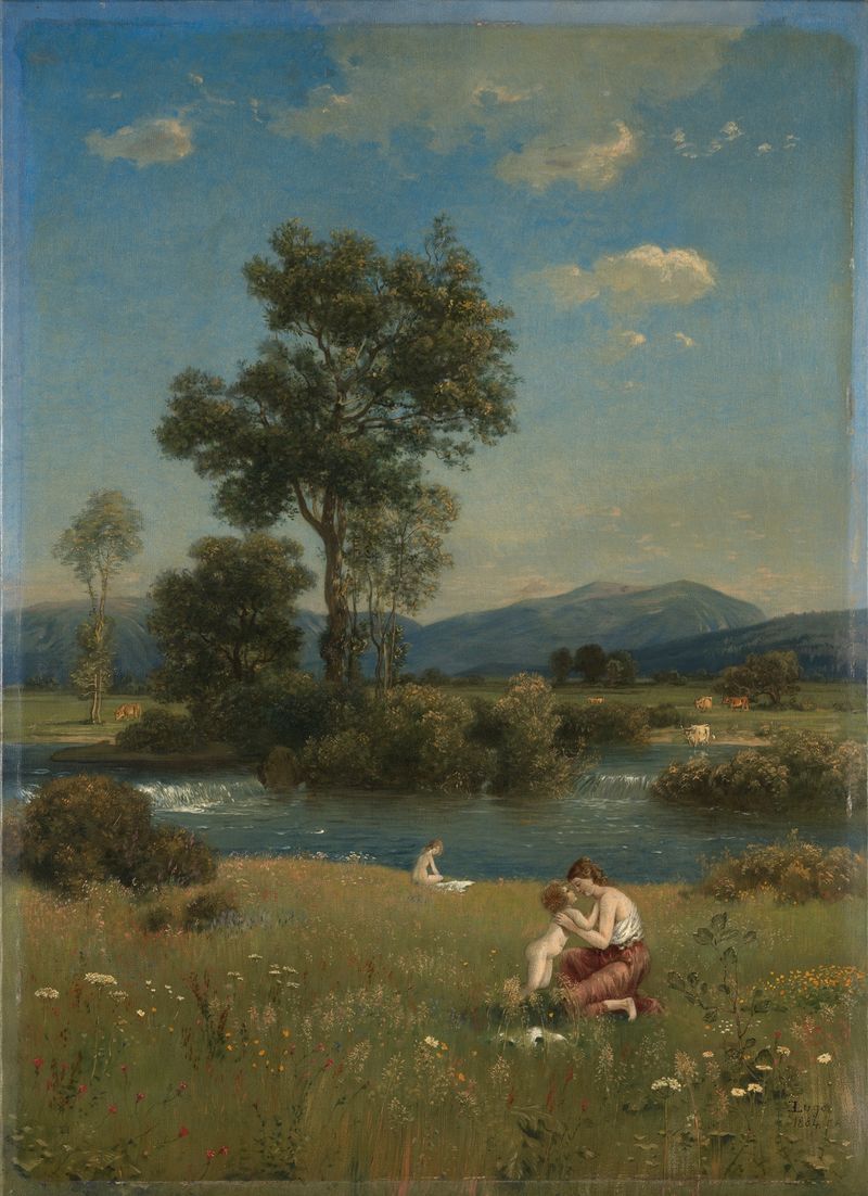 Escena figurativa en Dreisamidylle de Emil Lugo, que muestra una figura solitaria en un paisaje tenue.