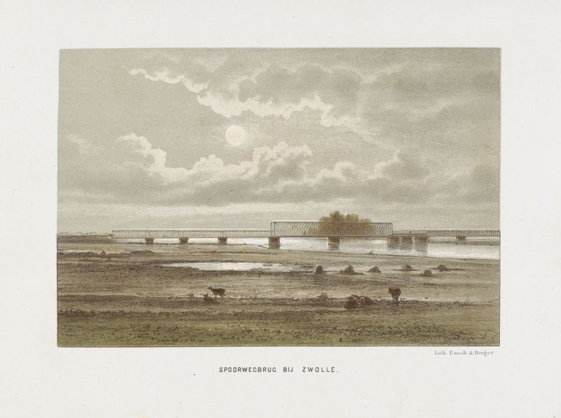 Spoorwegbrug bij Zwolle by Emrik & Binger, oil on canvas depicting a bridge over a river.