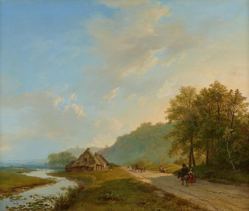 Landscape with hills and a winding path by Barend Cornelis Koekkoek, oil painting