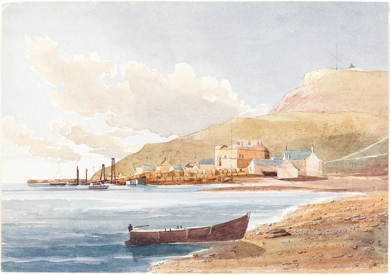 Portland Castle, una acuarela de Rev. James Bulwer, muestra un castillo contra un mar turbulento.
