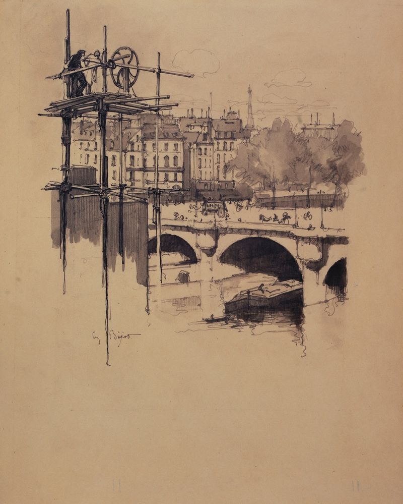 Vue du Pont-Neuf by Eugène Béjot, oil on canvas depicting a bridge over a shimmering river