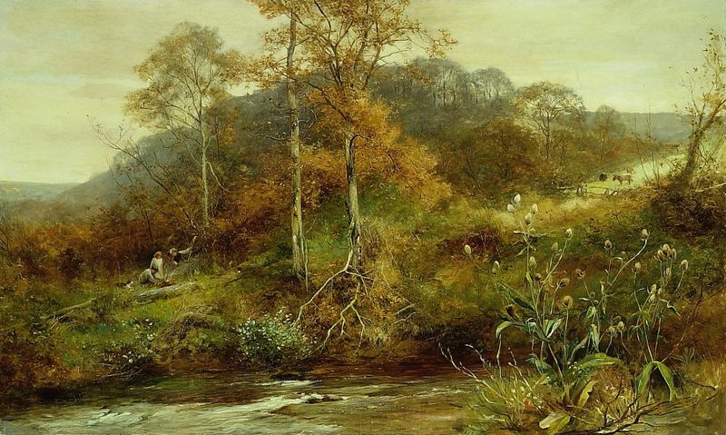 Autumn River Scene by David Bates, an impressionist oil painting depicting a tranquil river landscape.