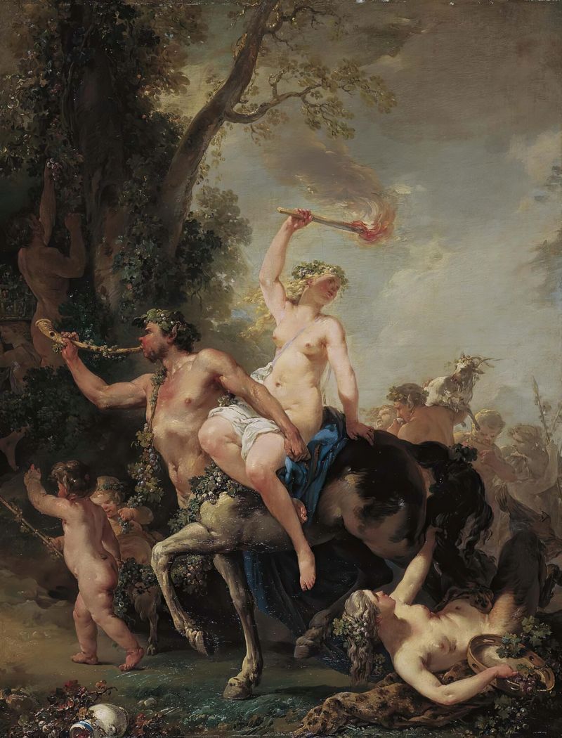 A Bacchanal de Jacques-Philippe Caresme, óleo sobre tela retratando figuras vibrantes em uma dança caótica.