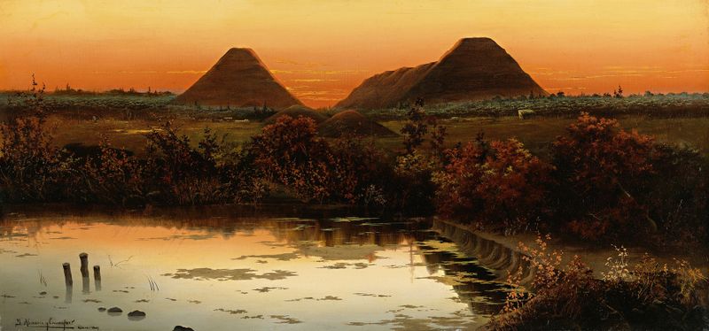 Paisagem ao crepúsculo com pirâmides, pintura a óleo de Ygnacio Alcérreca y Comonfort