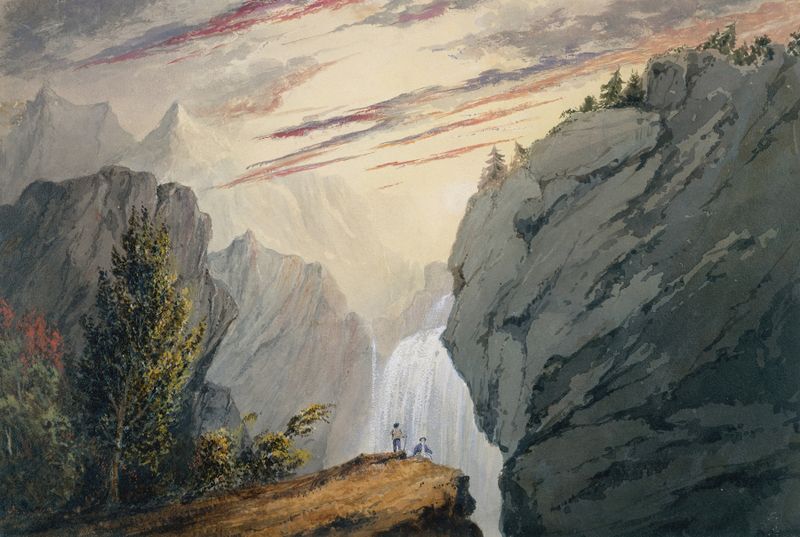 At the Waterfall de David Claypoole Johnston, pintura al óleo que muestra una cascada sobre rocas.