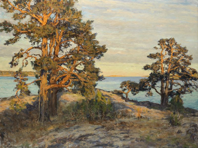 Coastal landscape at sunset, oil painting by Gottfrid Kallstenius