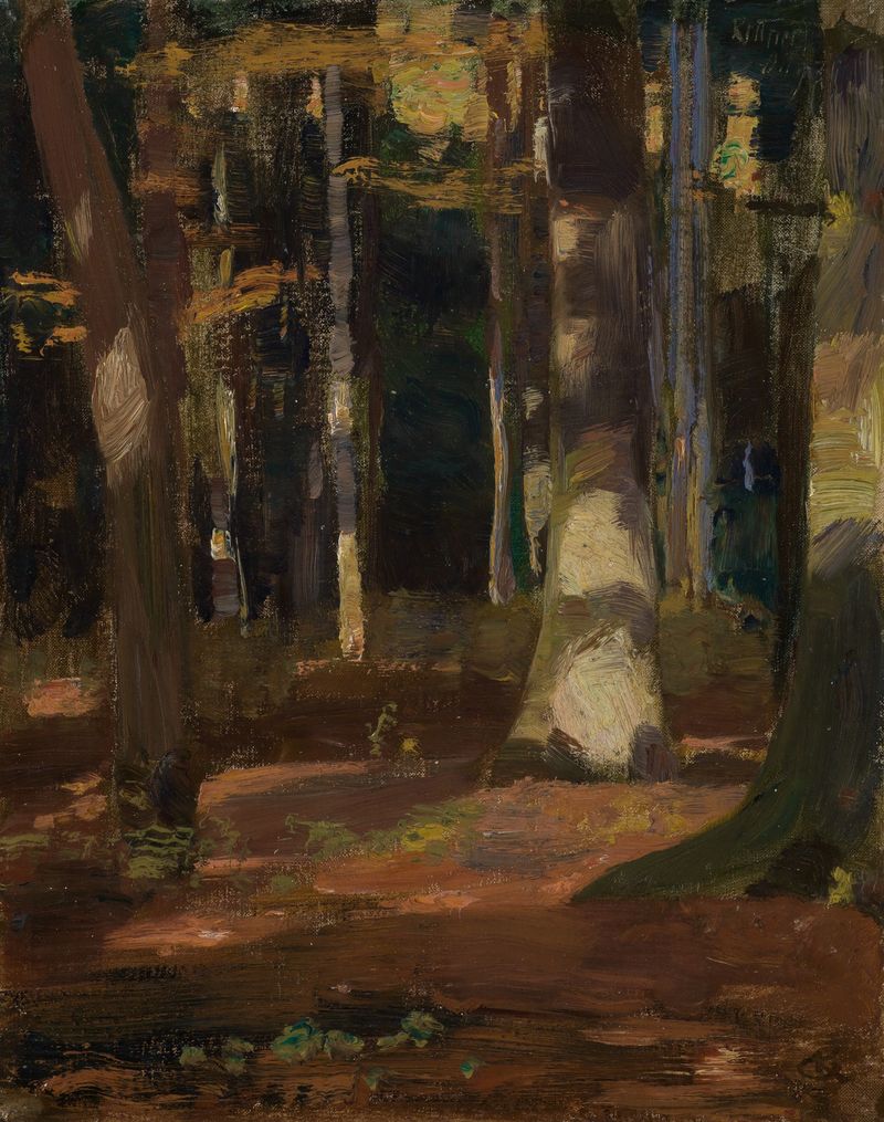 Im Laubwald de Gustav Kampmann, óleo sobre lienzo que representa un bosque sereno con luz filtrada