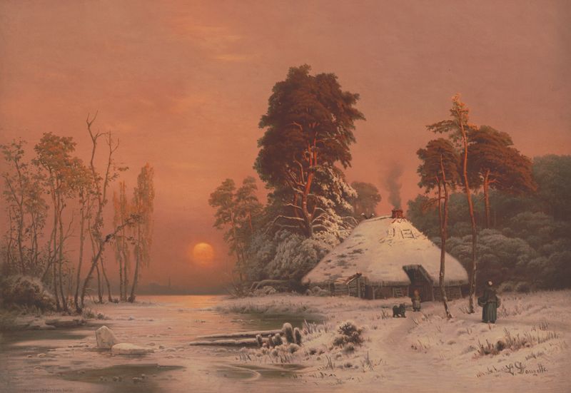Sunset in winter de Edmund Foerster & Co., óleo sobre tela retratando uma paisagem de inverno com um pôr do sol radiante.