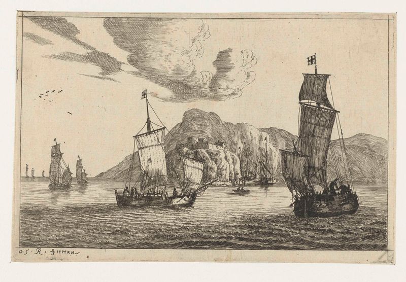Vissersboten in een baai, grabado de Reinier Nooms que muestra barcos de pesca en un puerto tranquilo
