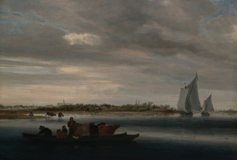 View of Alkmaar de Jacob Salomonsz. van Ruysdael, óleo sobre lienzo que representa un paisaje de pueblo sereno.