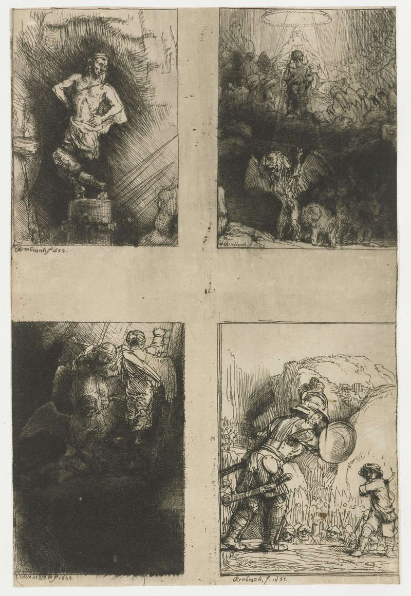 Grabado de Rembrandt van Rijn que muestra figuras en claroscuro