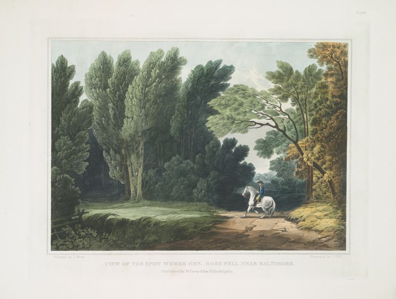 Oil painting by Joshua Shaw depicting a forest clearing with a monument