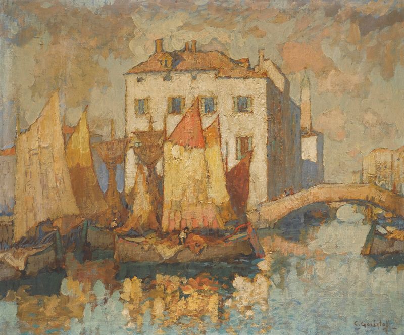Fisherman casting a net into water, oil on canvas by Konstantin Ivanovich Gorbatov