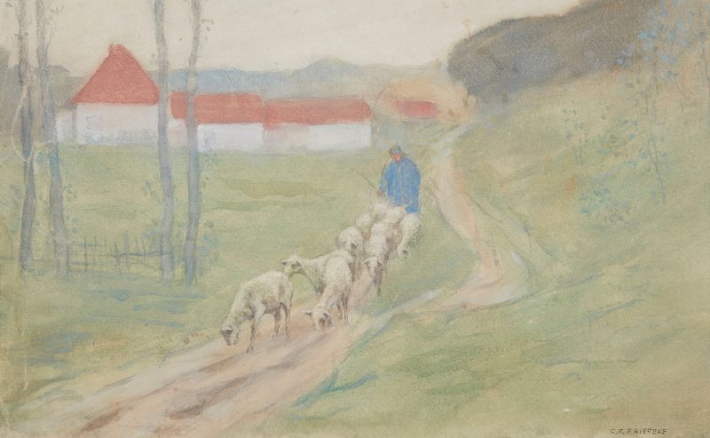 Figurative work depicting sheep and figures in soft light by Frederick Carl Frieseke