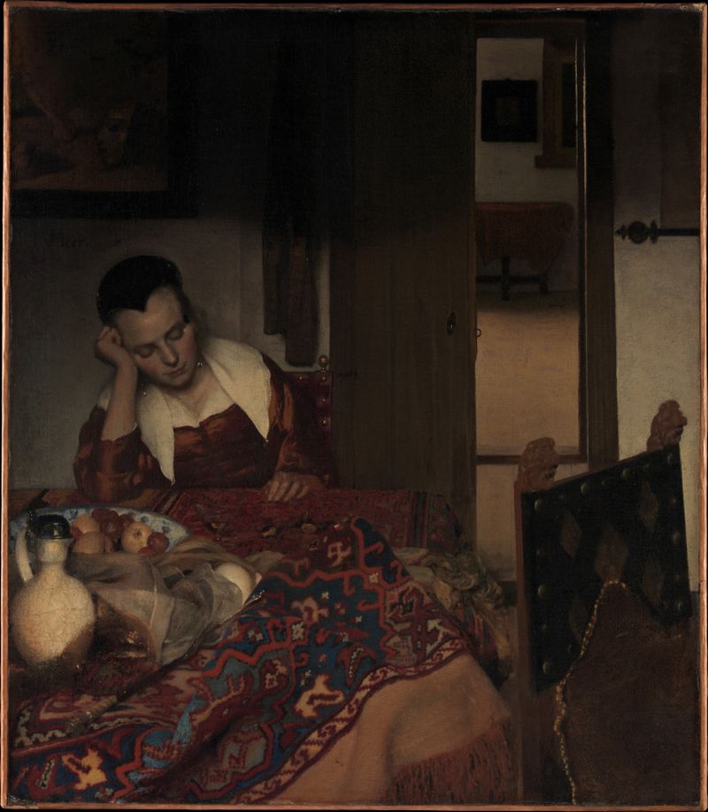 A Maid Asleep, oil on canvas by Johannes Vermeer, depicting a maid resting on a bed with soft cloth.