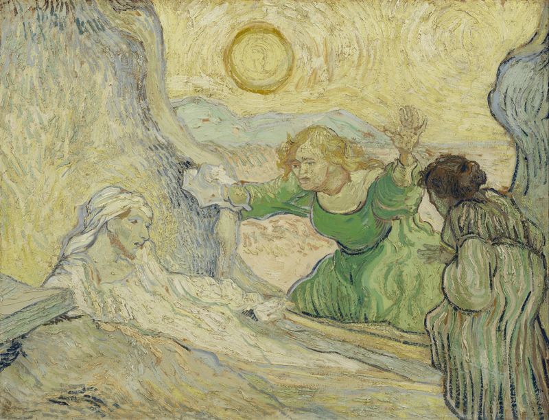 La Resurrección de Lázaro de Vincent van Gogh, óleo sobre lienzo que muestra una figura emergiendo de la oscuridad.