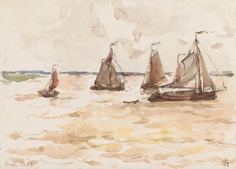 Fishing boats on a river, oil painting by Carel Nicolaas Storm van 's-Gravesande