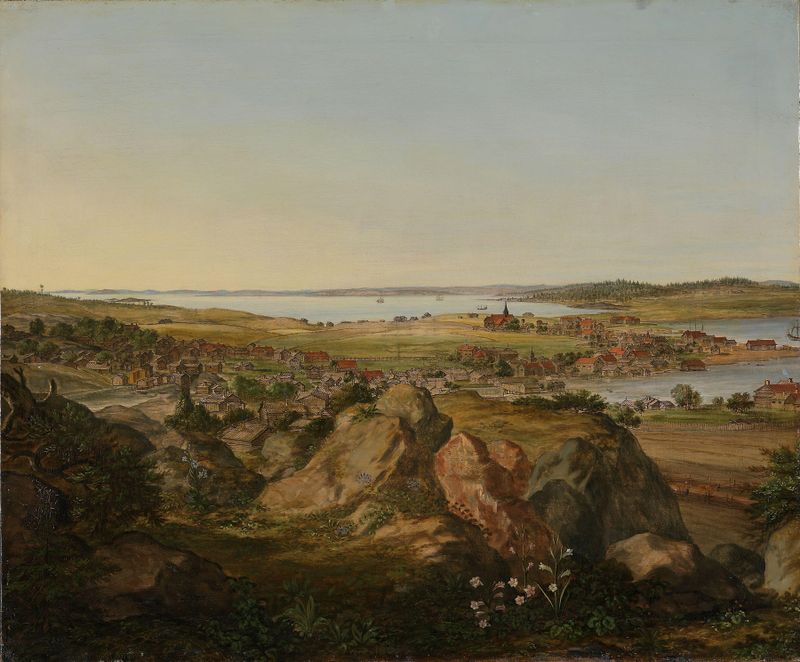 View of Moss by Jacob Coning, oil painting depicting a serene landscape with green and blue hues.