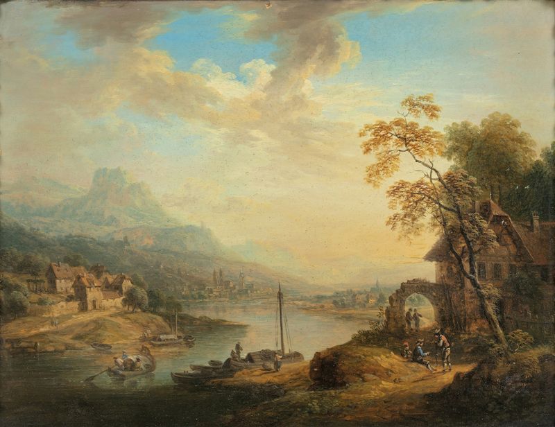 River Landscape by Christian Georg Schütz the elder, oil painting depicting a serene river and hills.