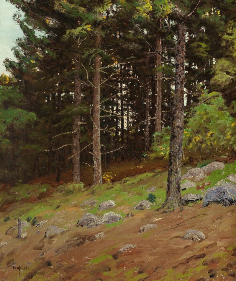 Paisaje de pinos bajo la luz del sol de Ben Foster, pintura al óleo