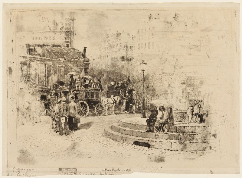 The Place Pigalle in 1878, etching by Félix Hilaire Buhot, depicting figures in Paris street at evening.