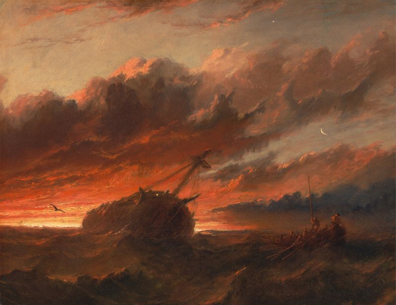 Shipwreck by Francis Danby, oil on canvas depicting a shipwreck amidst turbulent waves.