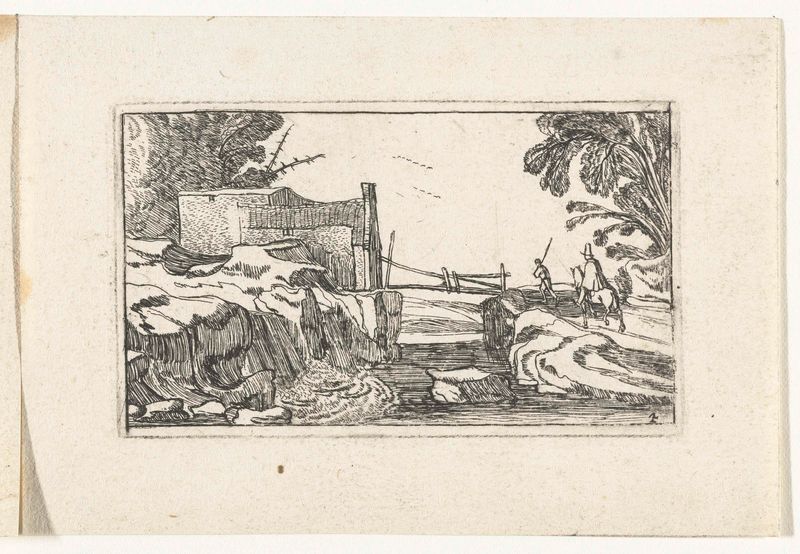 Weg langs een waterval, gravura de Unknown Artist, mostrando um caminho ao lado de uma cachoeira.