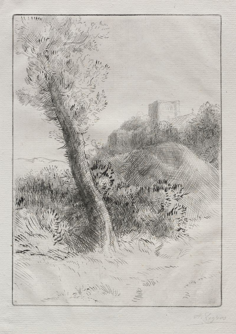 Landscape 6 de Alphonse Legros, representando un paisaje sereno con tonos suaves, óleo