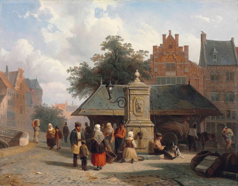 Cena de gênero com aldeões ao redor de um poço em uma praça de cidade holandesa, pintura a óleo de Cornelis Springer.