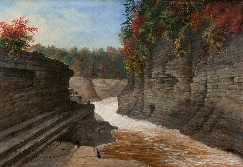 River Gorge, Autumn by Cornelius David Krieghoff, oil on canvas depicting autumn foliage and a flowing river.