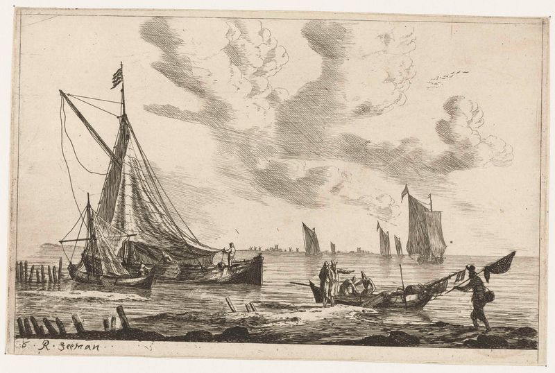 Binnenwater met zeilschepen en vissers op de oever, gravura de Reinier Nooms