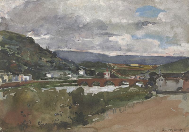 Paisaje con río y puente, pintura al óleo de Johann Marx