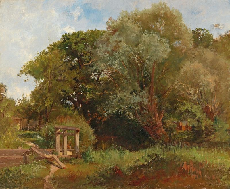Landscape oil painting by Ernestine von Kirchsberg depicting a weir and river.