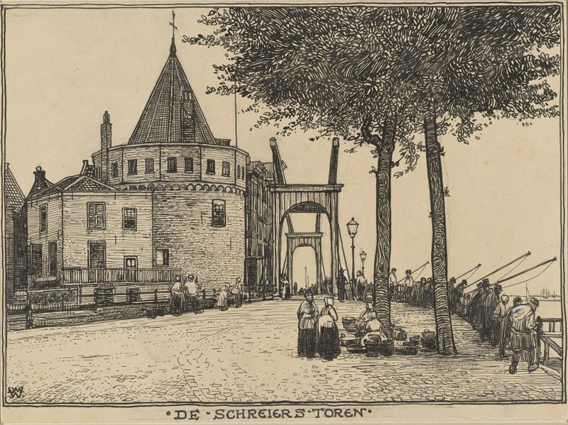 Schreiers toren te Amsterdam de Willem Wenckebach, óleo sobre lienzo, presenta una torre desgastada contra un cielo apagado.