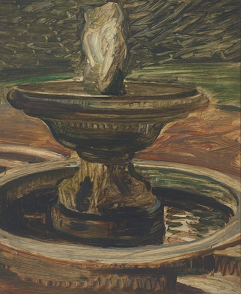 Fountain by Agnes Slott-Møller, oil on canvas featuring an ethereal figure emerging from water.
