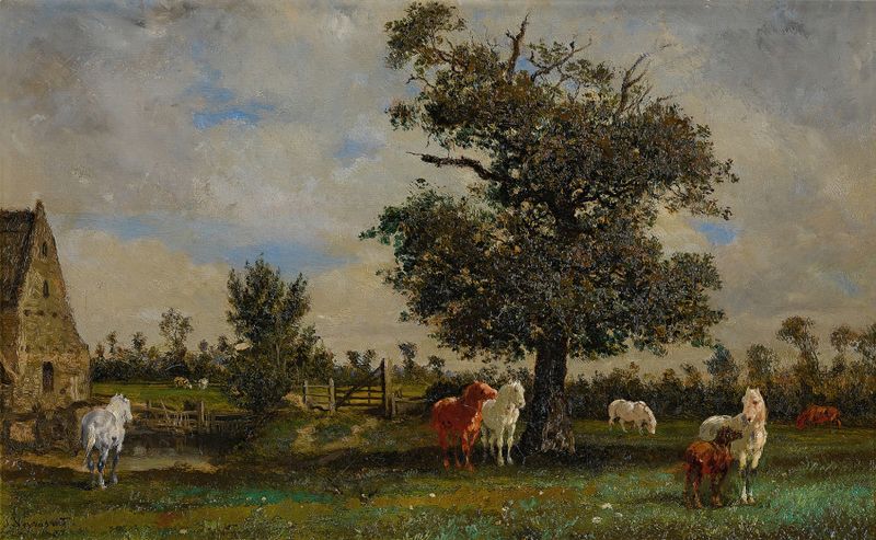 Landscape with horses and an apple tree, oil painting by Jules-Jacques Veyrassat