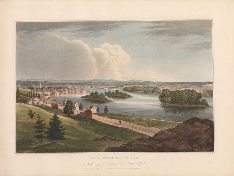 Engraving of Troy from Mount Ida by John Hill, depicting hills and a vast sky.