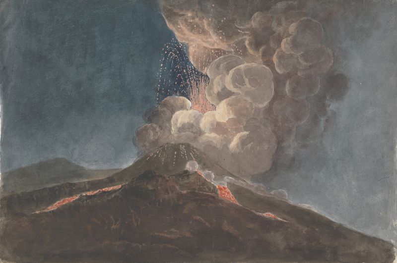Vesuvius in Eruption by Isaac Weld, oil on canvas depicting a volcano erupting against a dark sky.