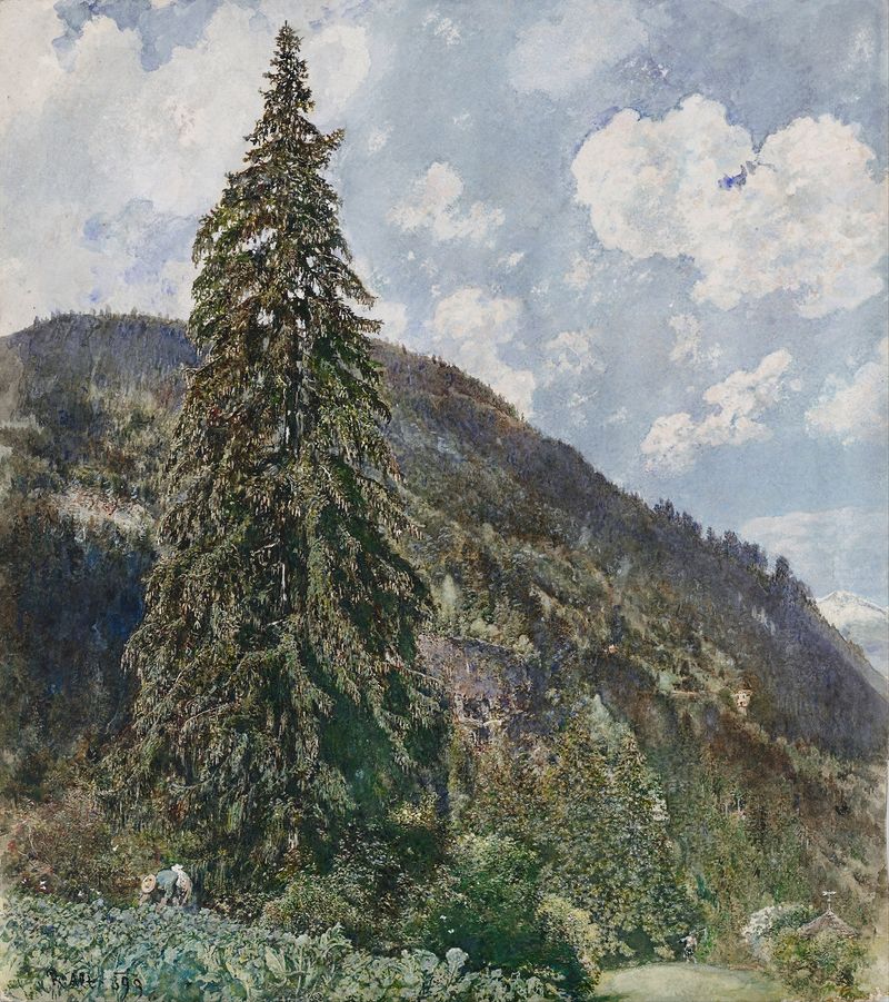 The Old Spruce in Bad Gastein by Rudolf von Alt, oil painting depicting a spruce tree in a serene landscape.