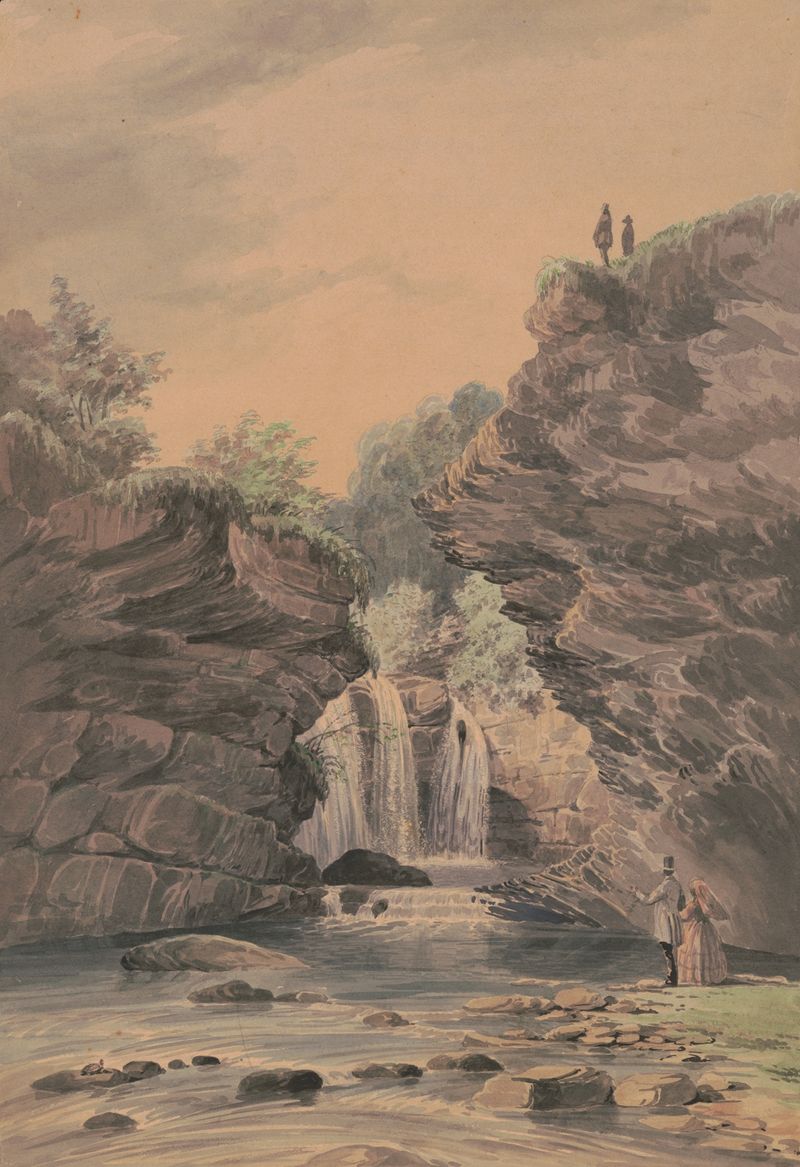 Marshall Falls near Delaware Water Gap, óleo sobre tela de James Fuller Queen, retratando uma cachoeira em uma paisagem ex...