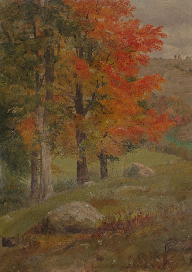 Woods in autumn de Frederic Edwin Church, pintura a óleo que retrata uma folhagem vibrante de outono.