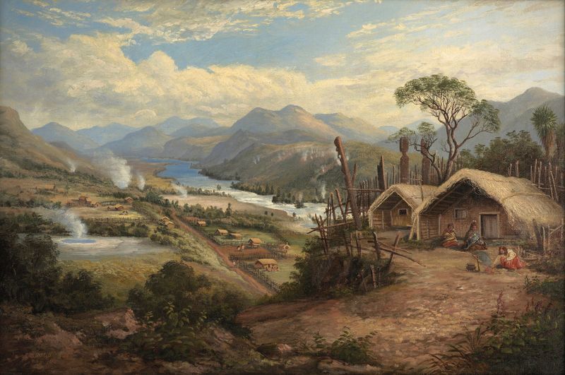 Orakei Korako on the Waikato by Charles Blomfield, oil on canvas depicting lush hills and a river.
