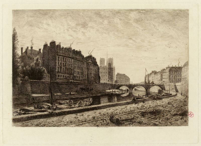 Pont St-Michel by Alfred Alexandre Delauney, oil on canvas depicting a bridge over a river.