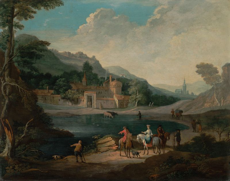 An elegant couple beside a lake, oil on canvas by Pieter Bout