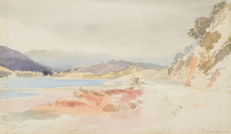 Porirua Harbour by Nicholas Chevalier, oil painting of tranquil waters, rugged hills, and a bright sky.